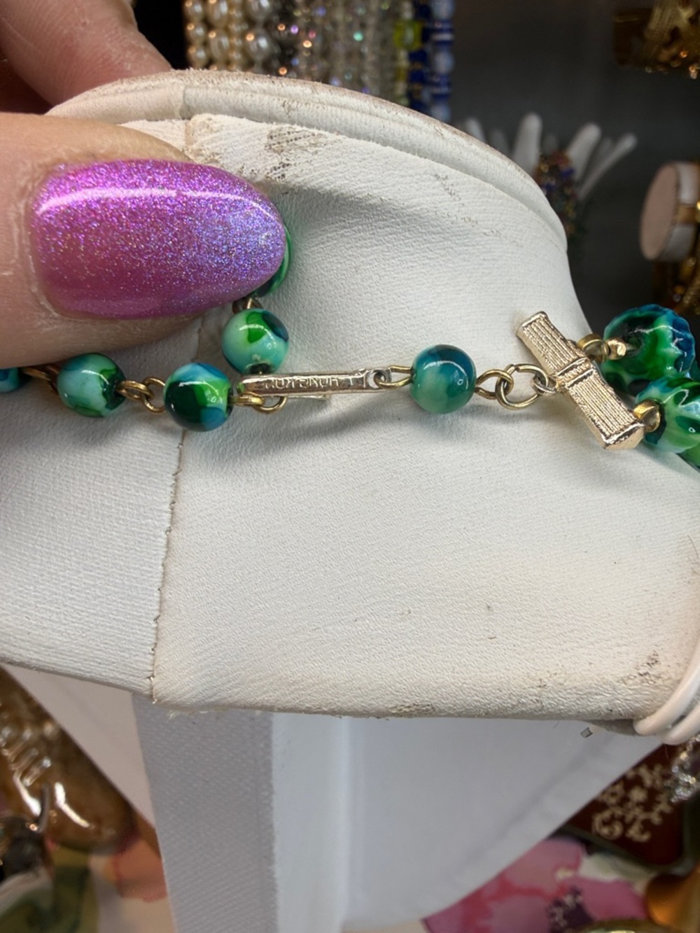Vintage Hong Kong Green & Blue Swirl Double-Strand Beaded Necklace - Picture 5 of 6
